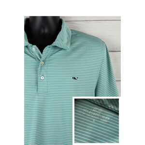 Vineyard Vines Polo Shirt Mens Large Green Stripe Performance Short Sleeve
